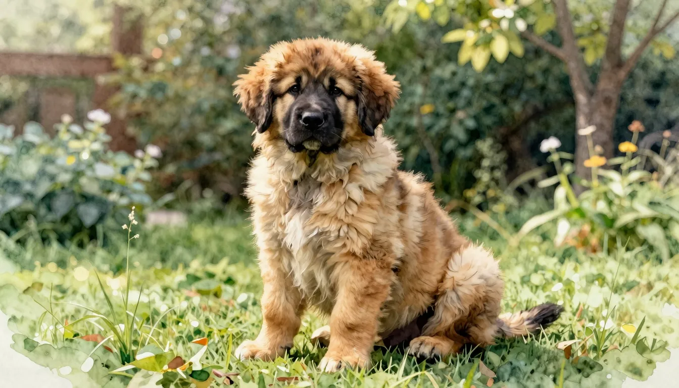 Watercolor style. A majestic large breed puppy, fluffy and p...