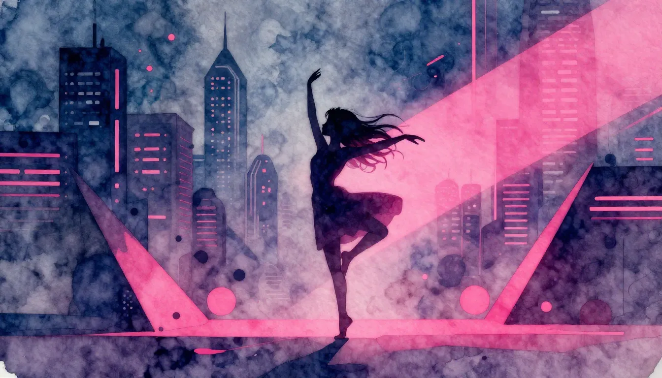 Watercolor style. A dark silhouette of a girl dancing in a b...