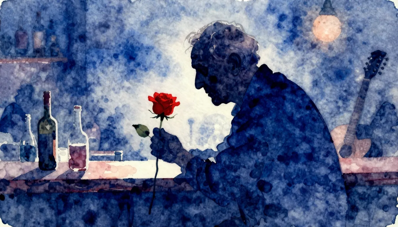 Vibrant watercolor style. Blues album cover. A silhouette of...