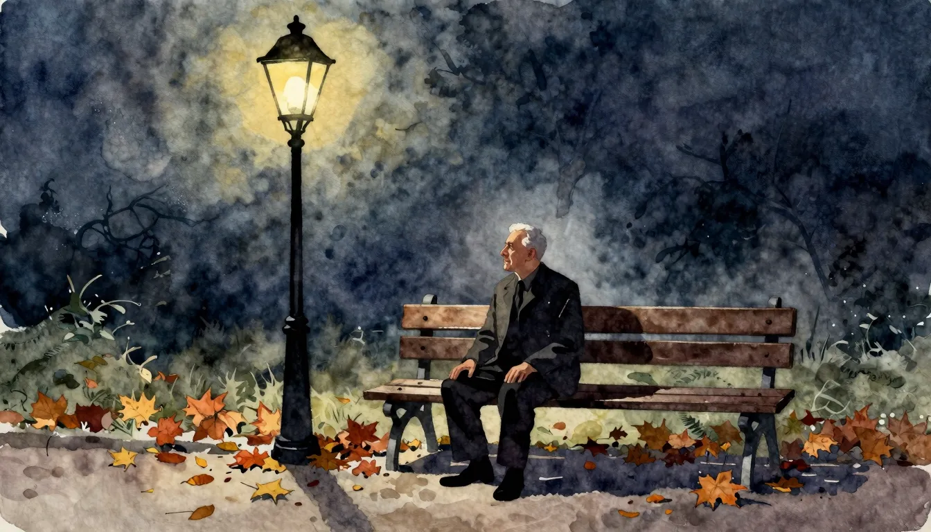Watercolor style. A silhouette of an elderly man sitting on ...
