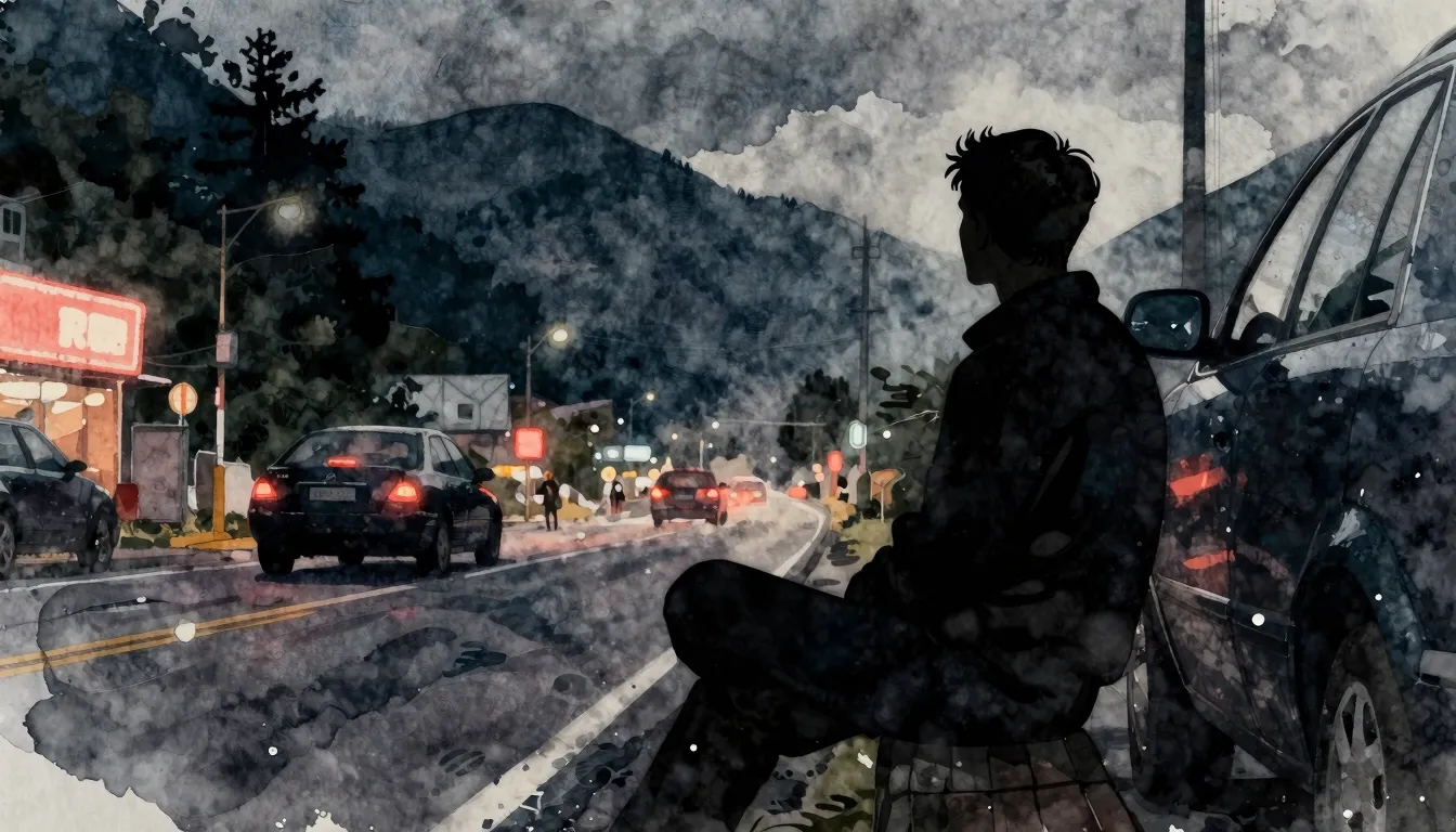 Watercolor style. Silhouette of a man sitting by a mountain ...