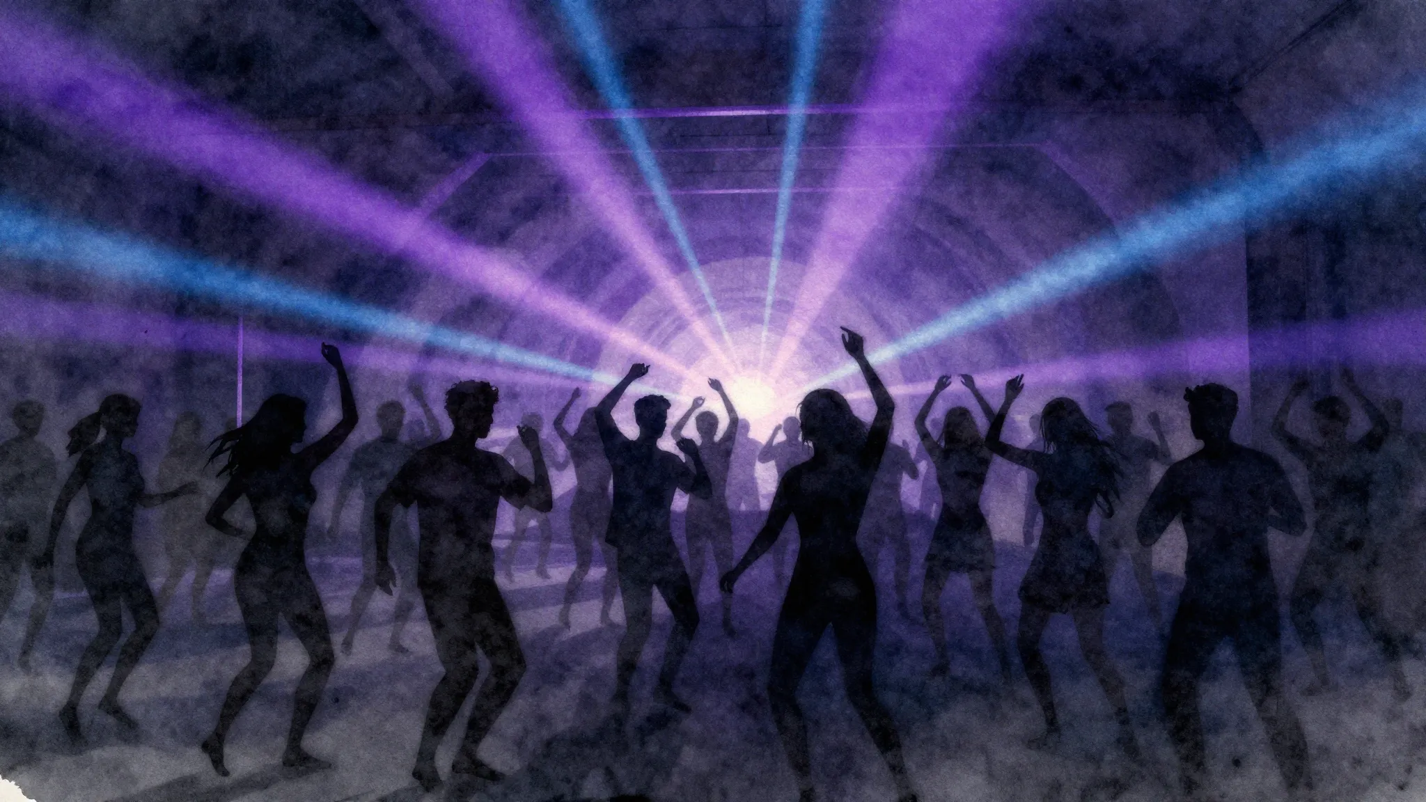 Watercolor style. Silhouette of a crowd dancing in a dark ro...