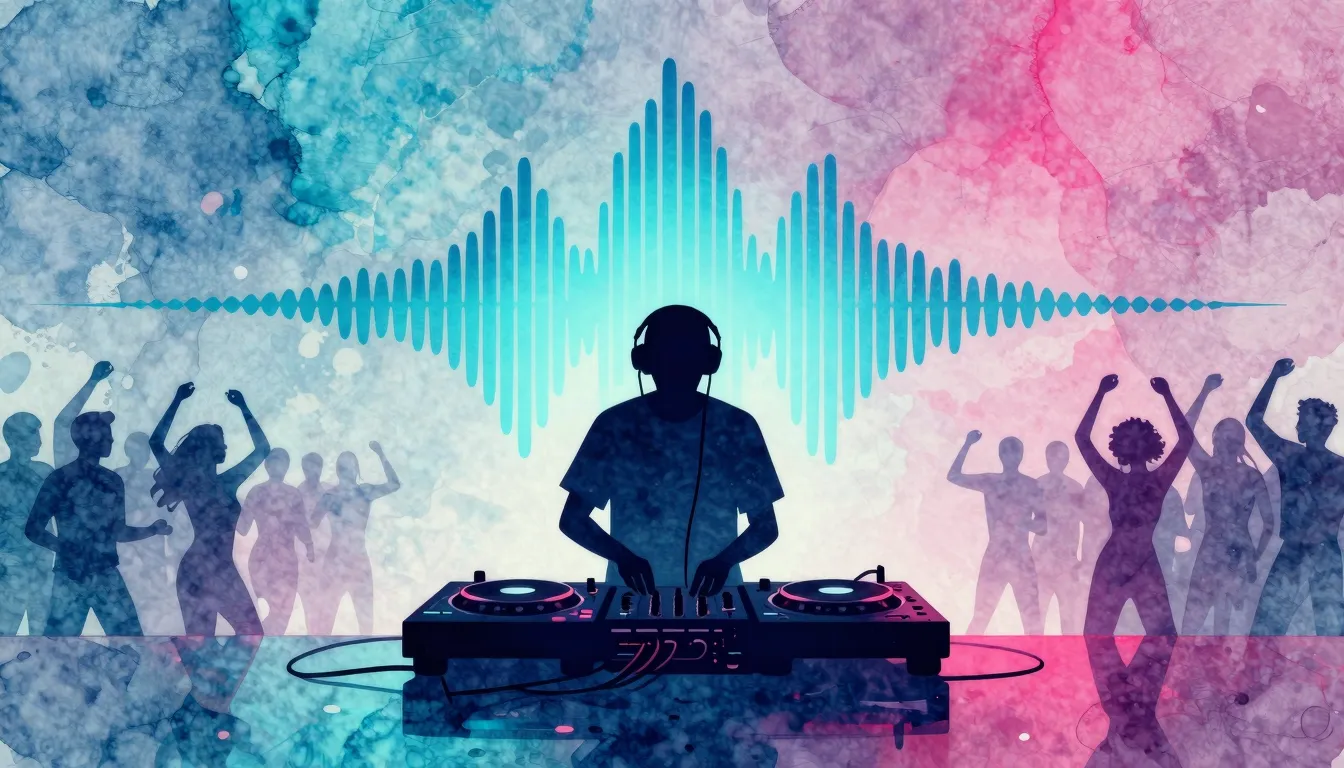 Watercolor style. A silhouette of a DJ at a turntable agains...