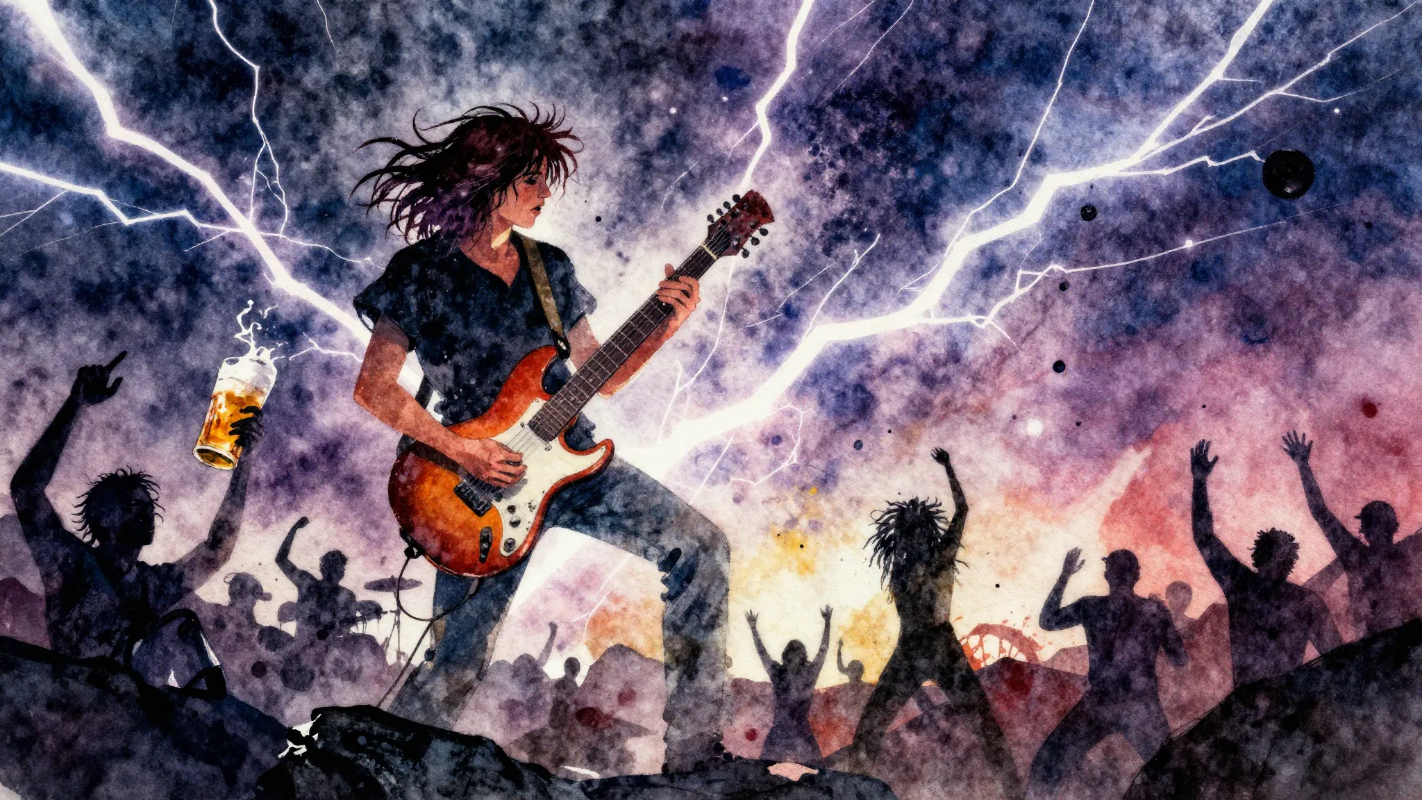 Vibrant watercolor style. Rock album cover, dynamic, energet...