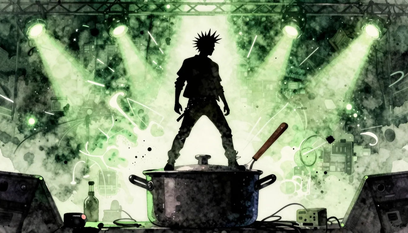 Watercolor style. A silhouette of a punk rocker standing on ...