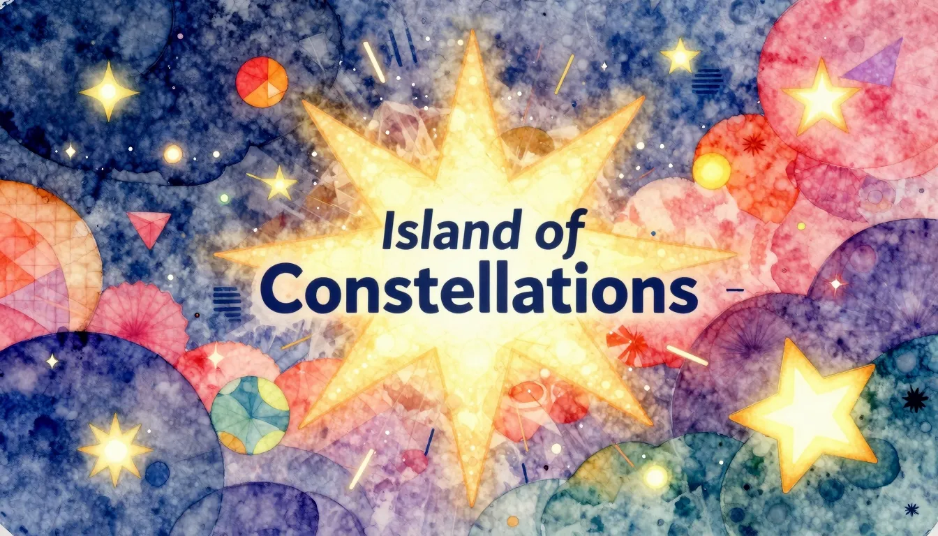 Vibrant watercolor style. Electronic music album cover: "Isl...