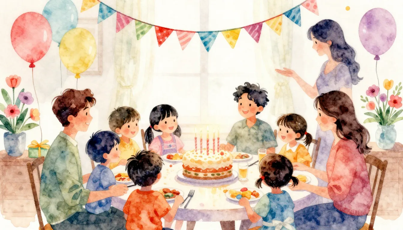 Vibrant watercolor style. Birthday celebration, warm family ...