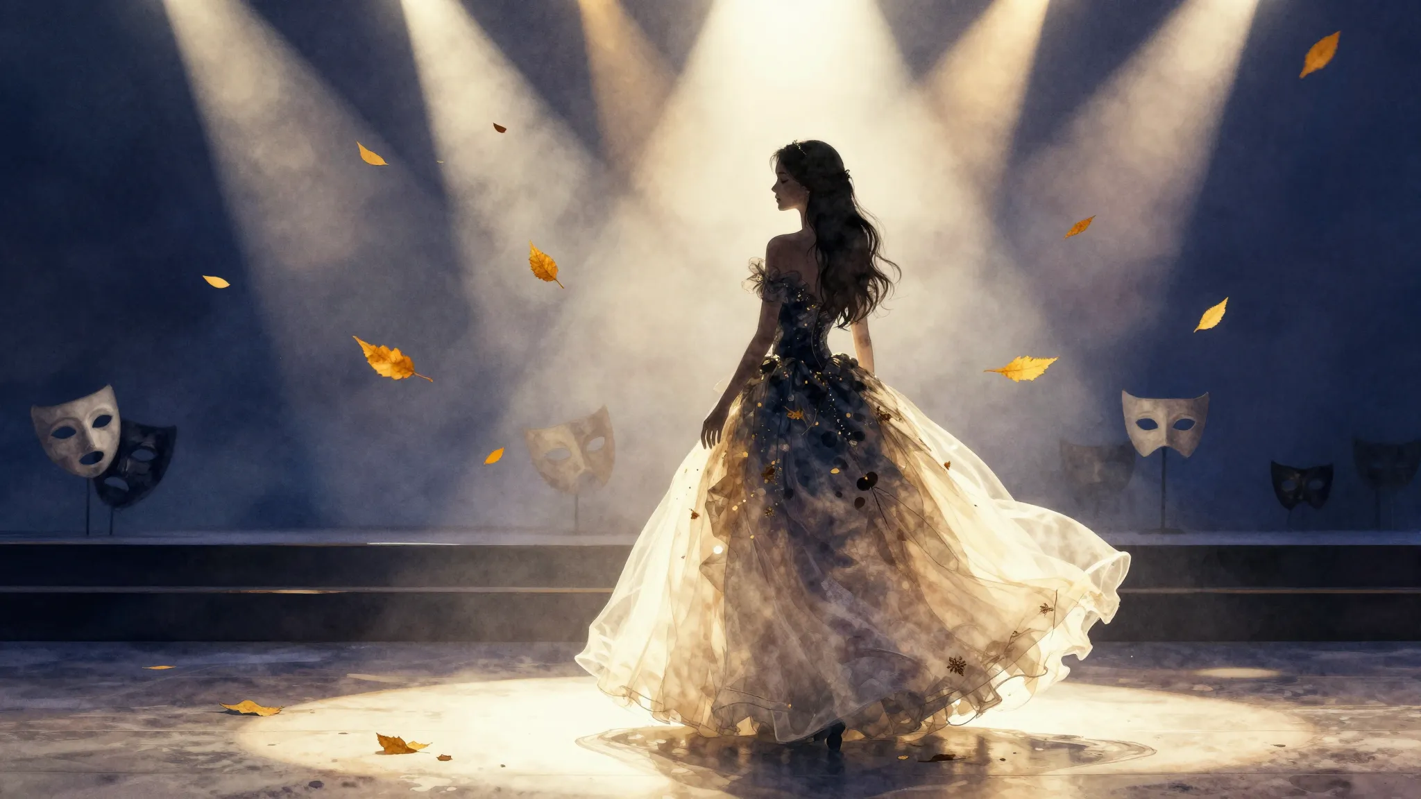 Watercolor style. Silhouette of a girl in a long ball gown o...