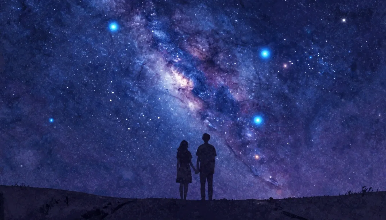 Watercolor style. Silhouette of a couple standing under a va...