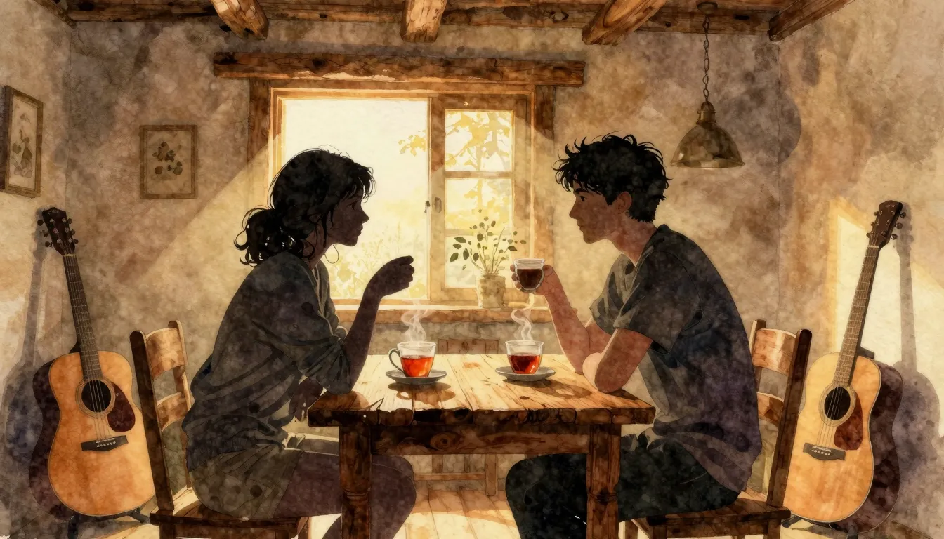 Watercolor style. Silhouette of two friends sitting at a woo...