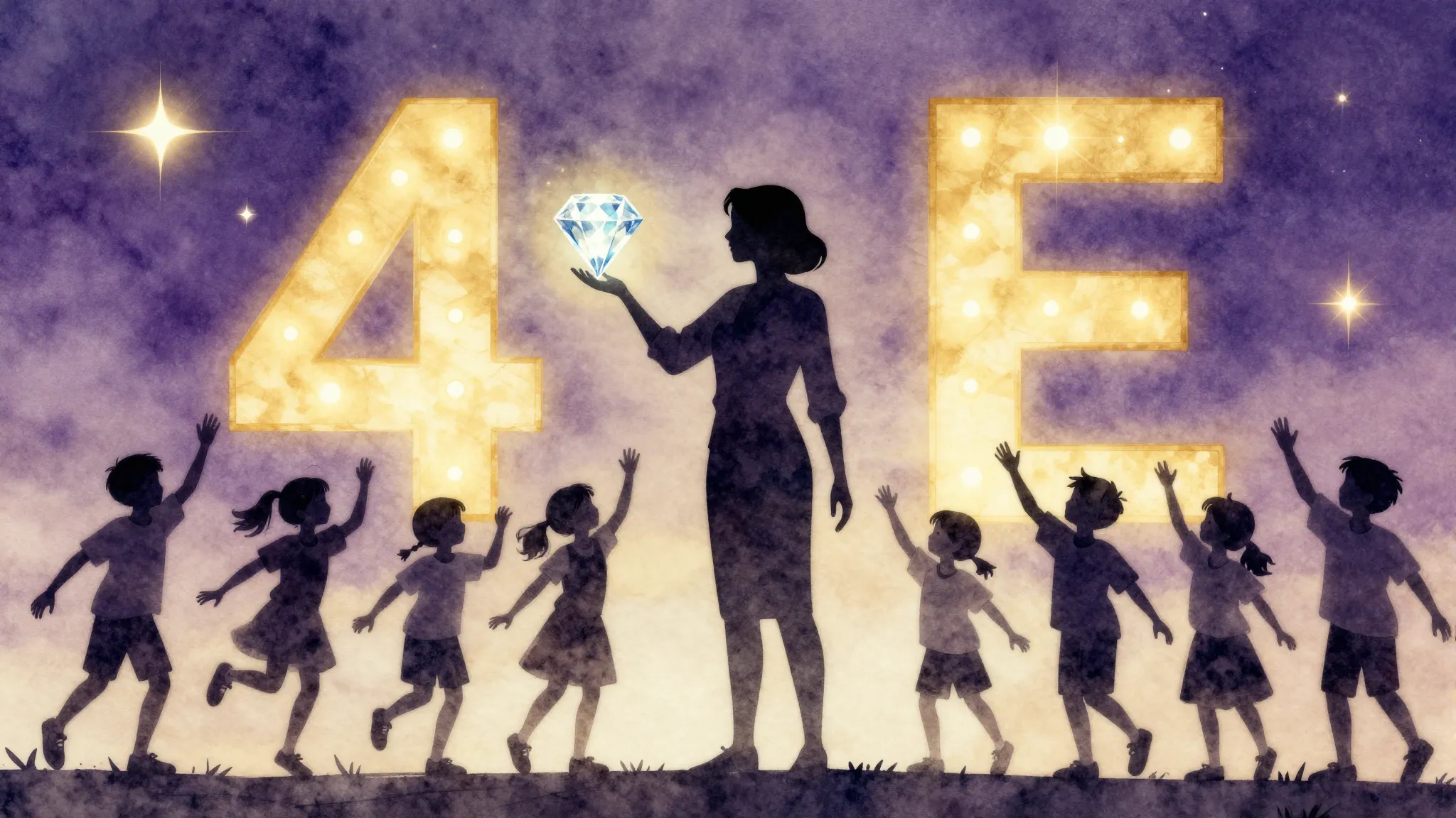 Watercolor style. A silhouette of a teacher holding a glowin...