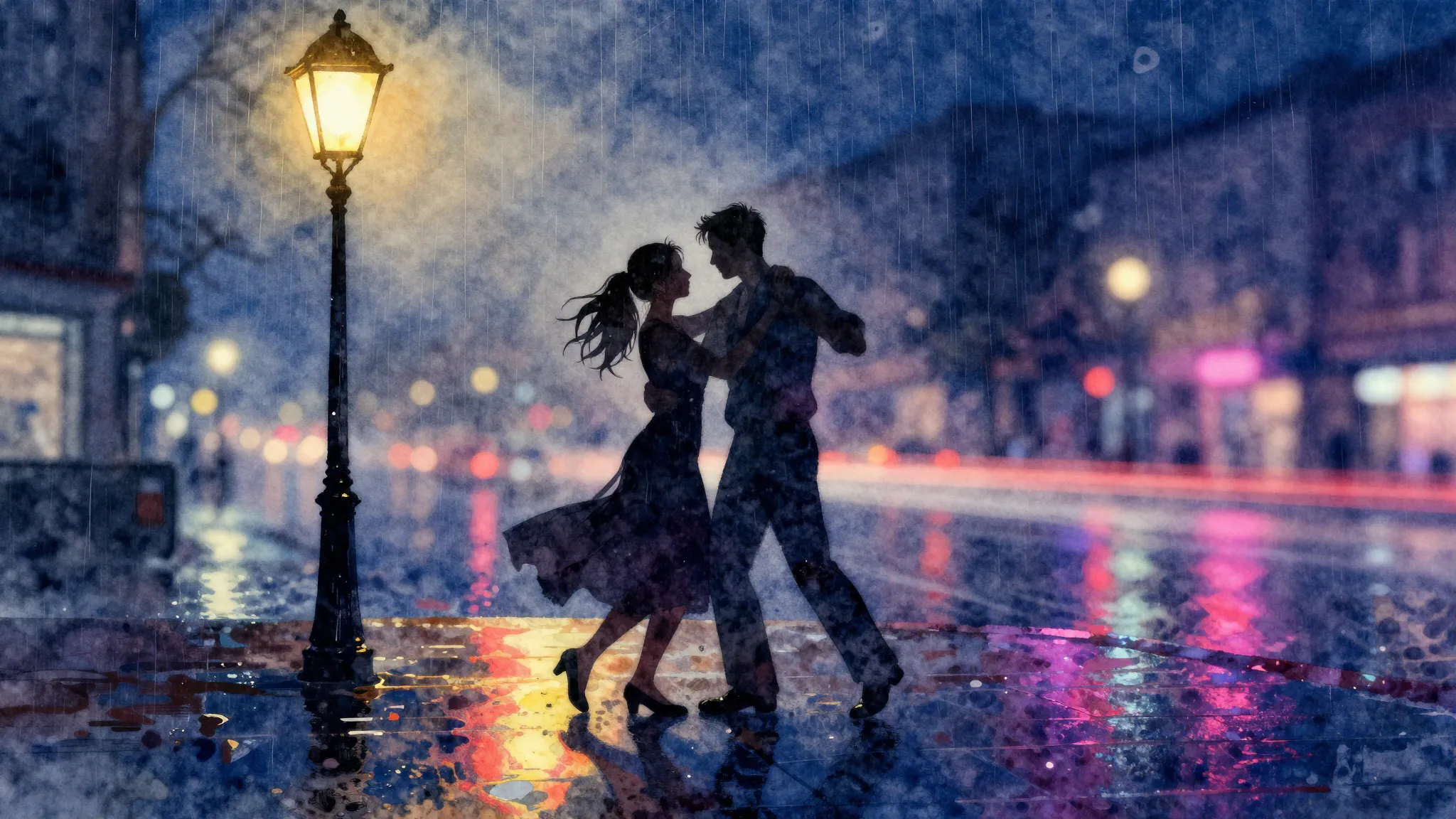 Watercolor style. Silhouette of a couple dancing under a sin...