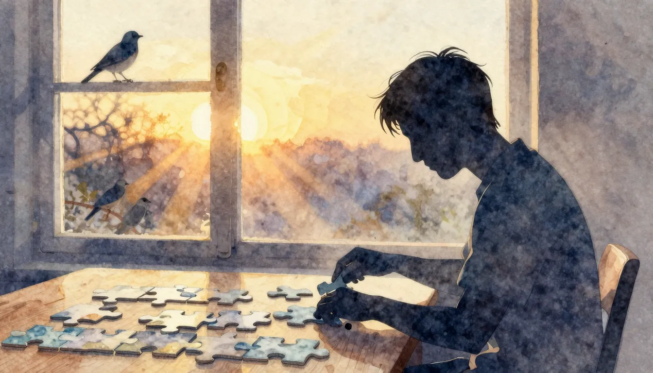Watercolor style. Silhouette of a person at a table by a win...