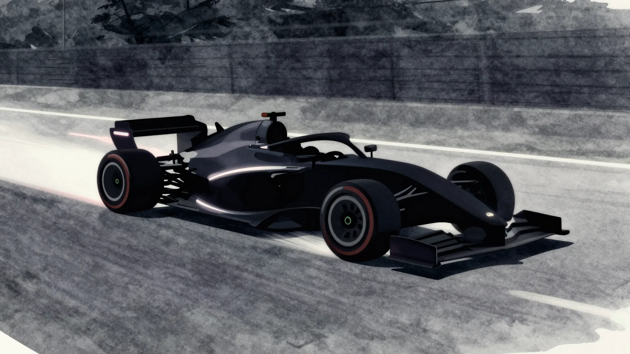 Watercolor style. Silhouette of a driver in a racing car on ...
