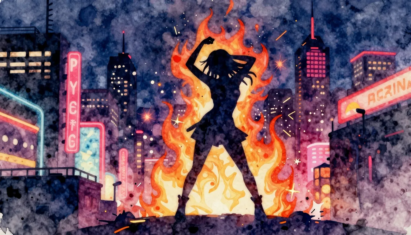 Vibrant watercolor style. Hip-hop album cover, night citysca...