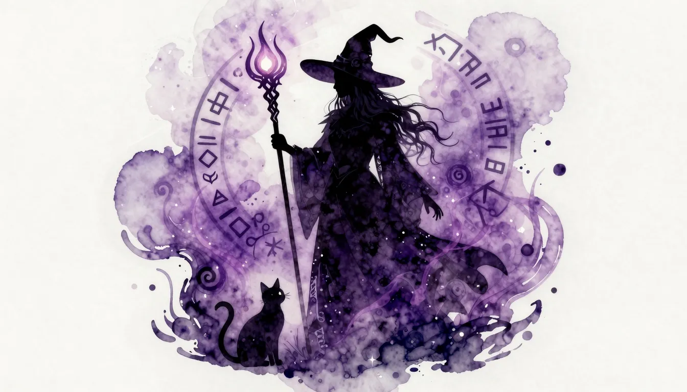 Watercolor style. A silhouette of a witch with a glowing sta...