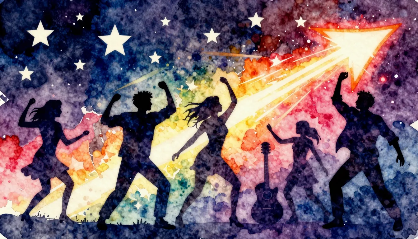 Vibrant watercolor style. Rock album cover. Energetic, joyfu...