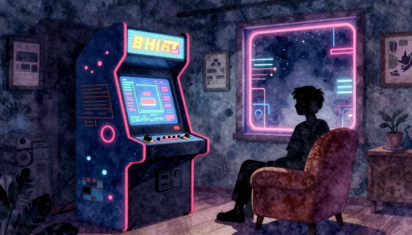 Watercolor style. A retro 8-bit arcade cabinet glowing in a ...