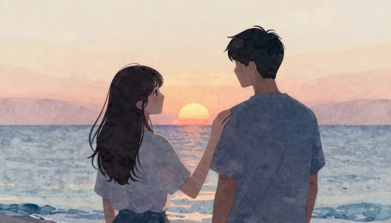 Watercolor style. A silhouette of a woman gently touching th...