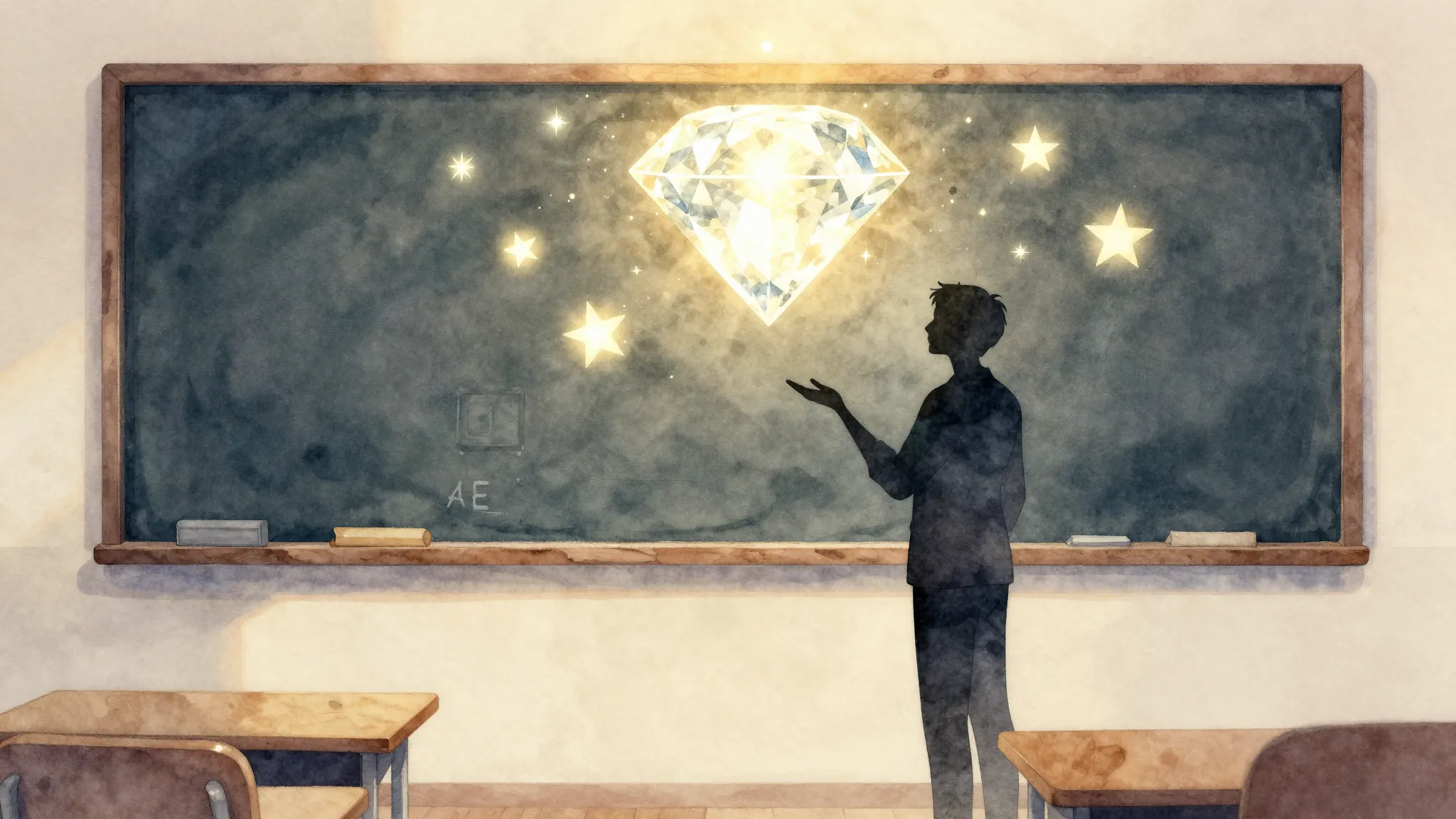 Watercolor style. A silhouette of a teacher standing in a cl...