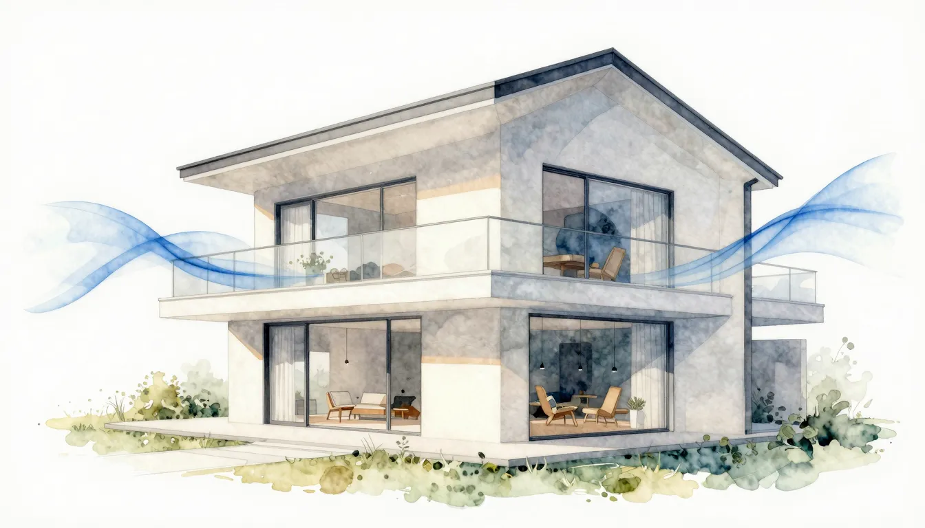Watercolor style. Modern minimalist private house interior, ...