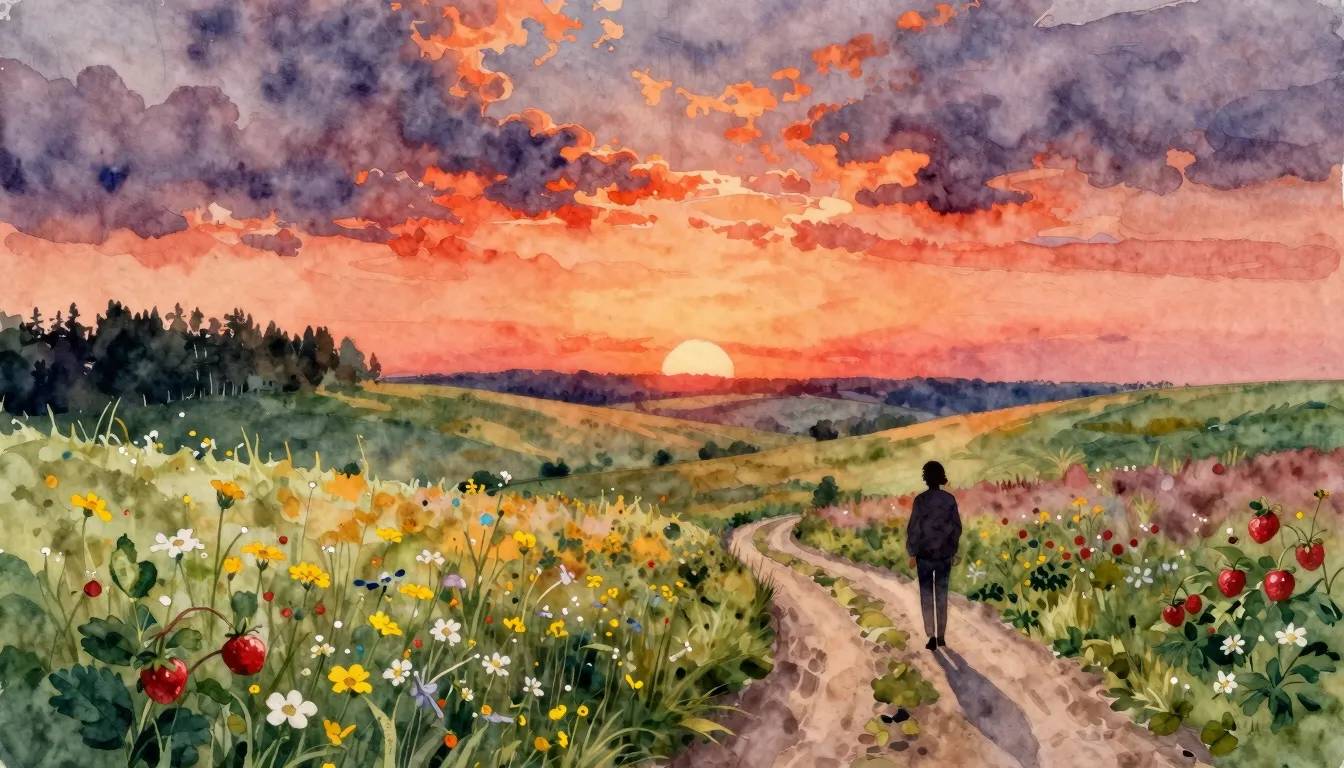 Watercolor style. A vast landscape with rolling hills and fi...