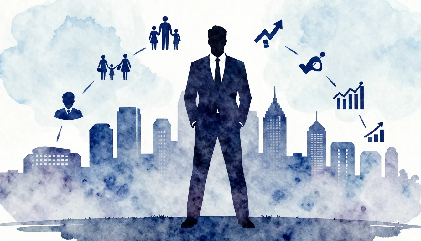 Watercolor style. A silhouette of a man in a suit standing c...