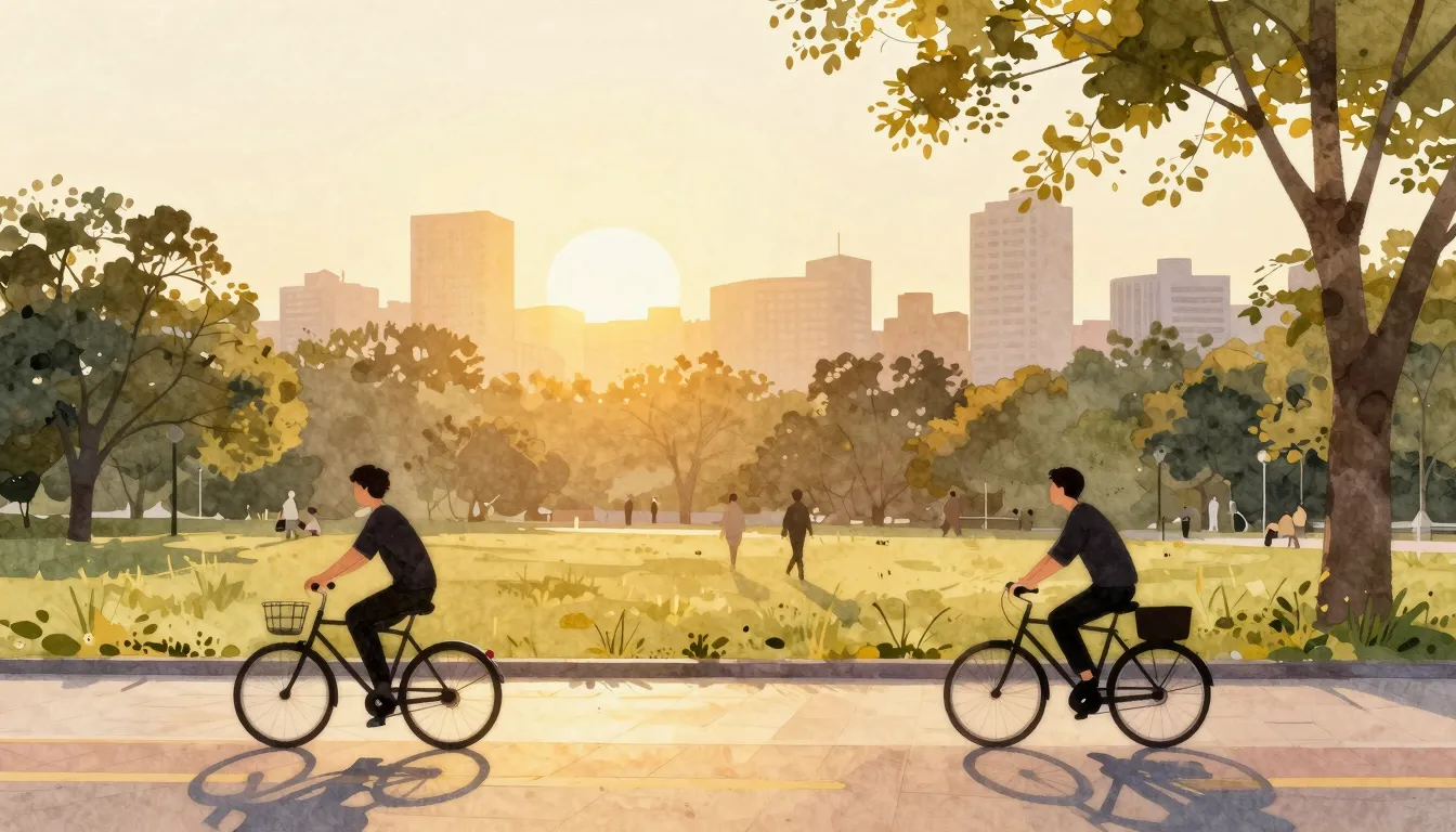 Watercolor style. Silhouettes of people walking and cycling ...