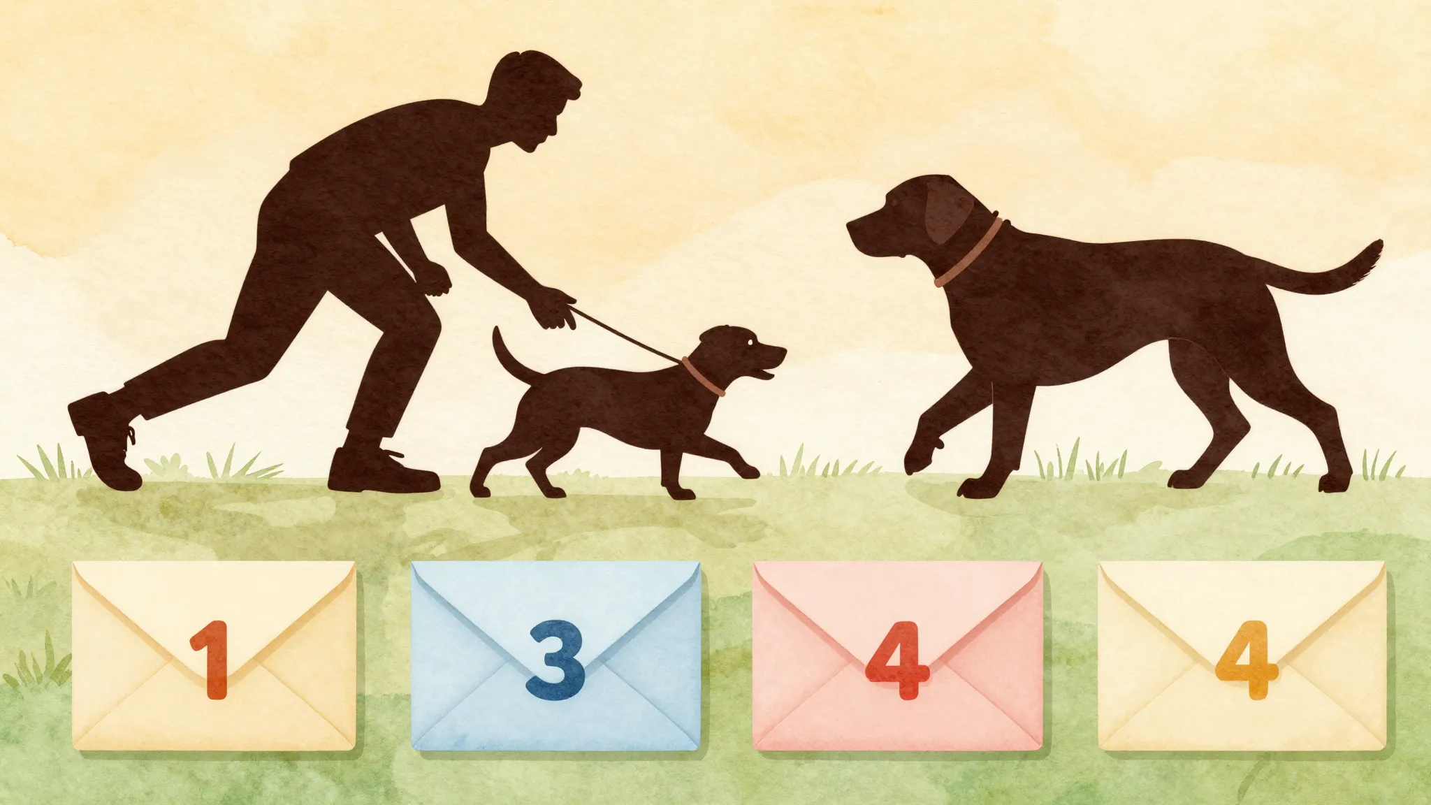 Watercolor style. A silhouette of a trainer and a dog engage...