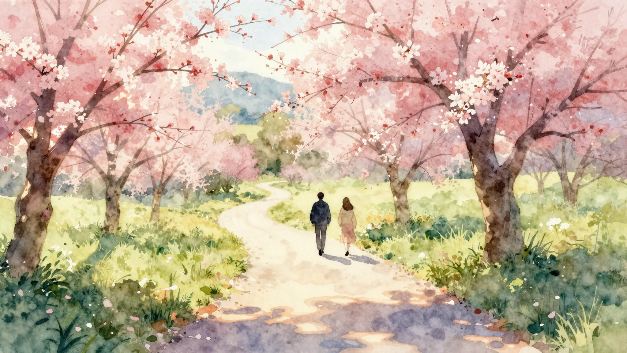 Watercolor style. A beautiful spring landscape with blooming...