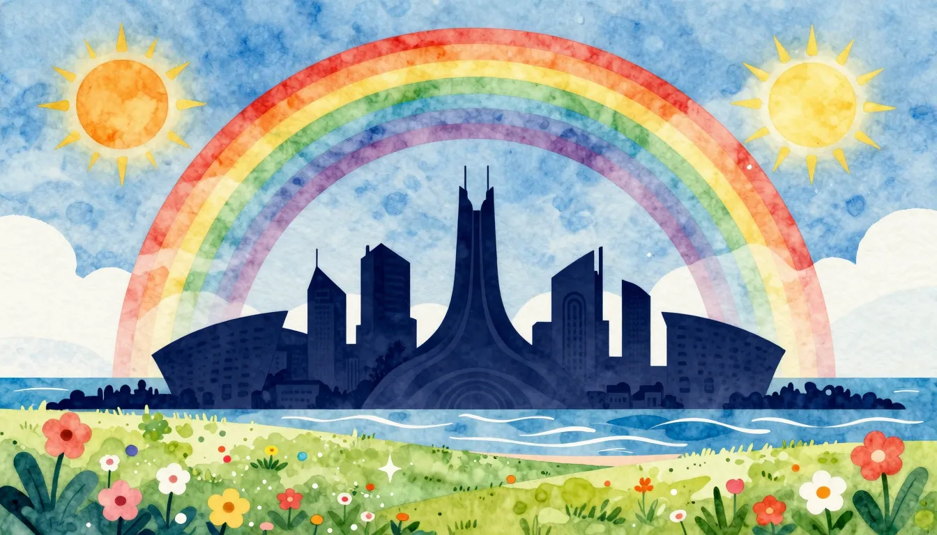 Watercolor style. A vibrant silhouette of a modern cultural ...
