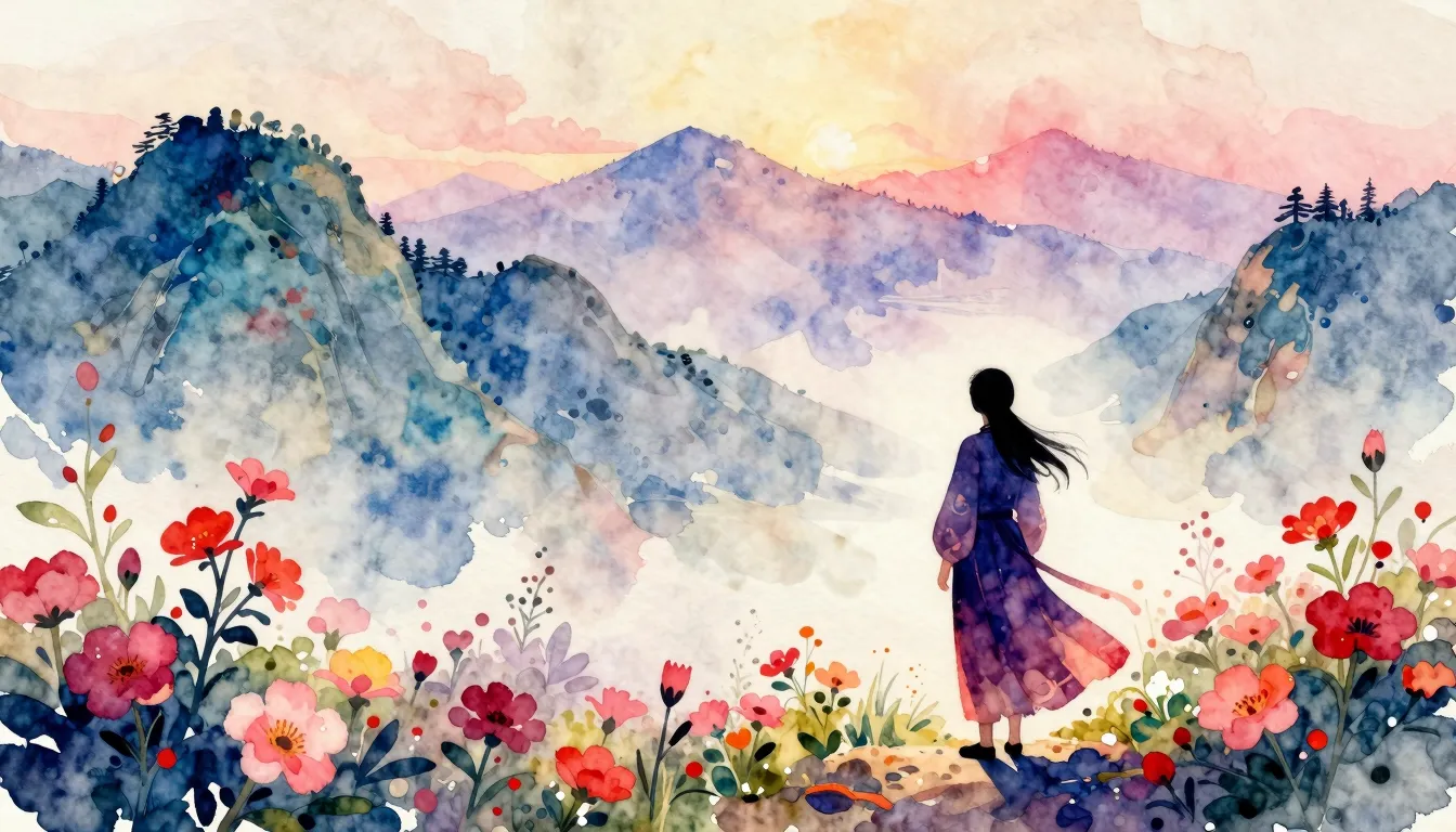 Vibrant watercolor style. Folk song cover: Mountains, flower...
