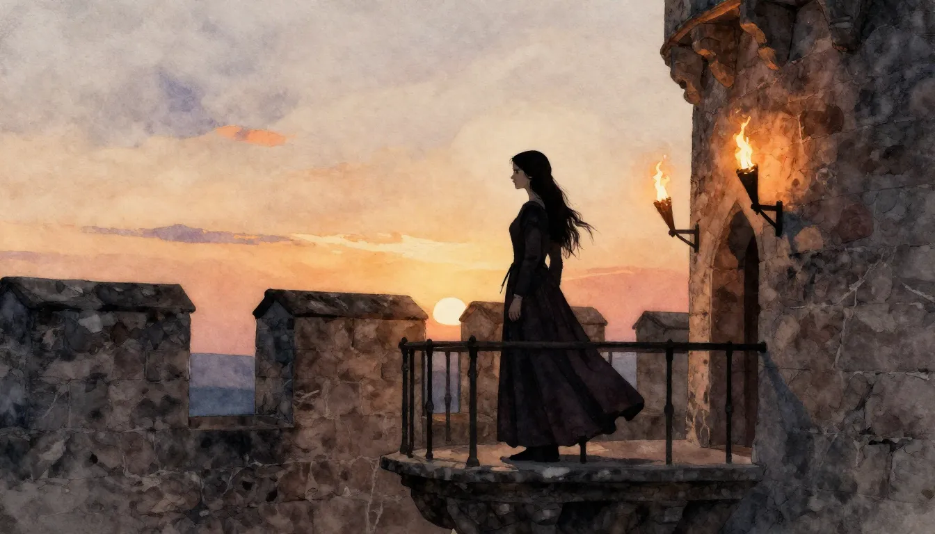Watercolor style. A silhouette of a young woman in a flowing...