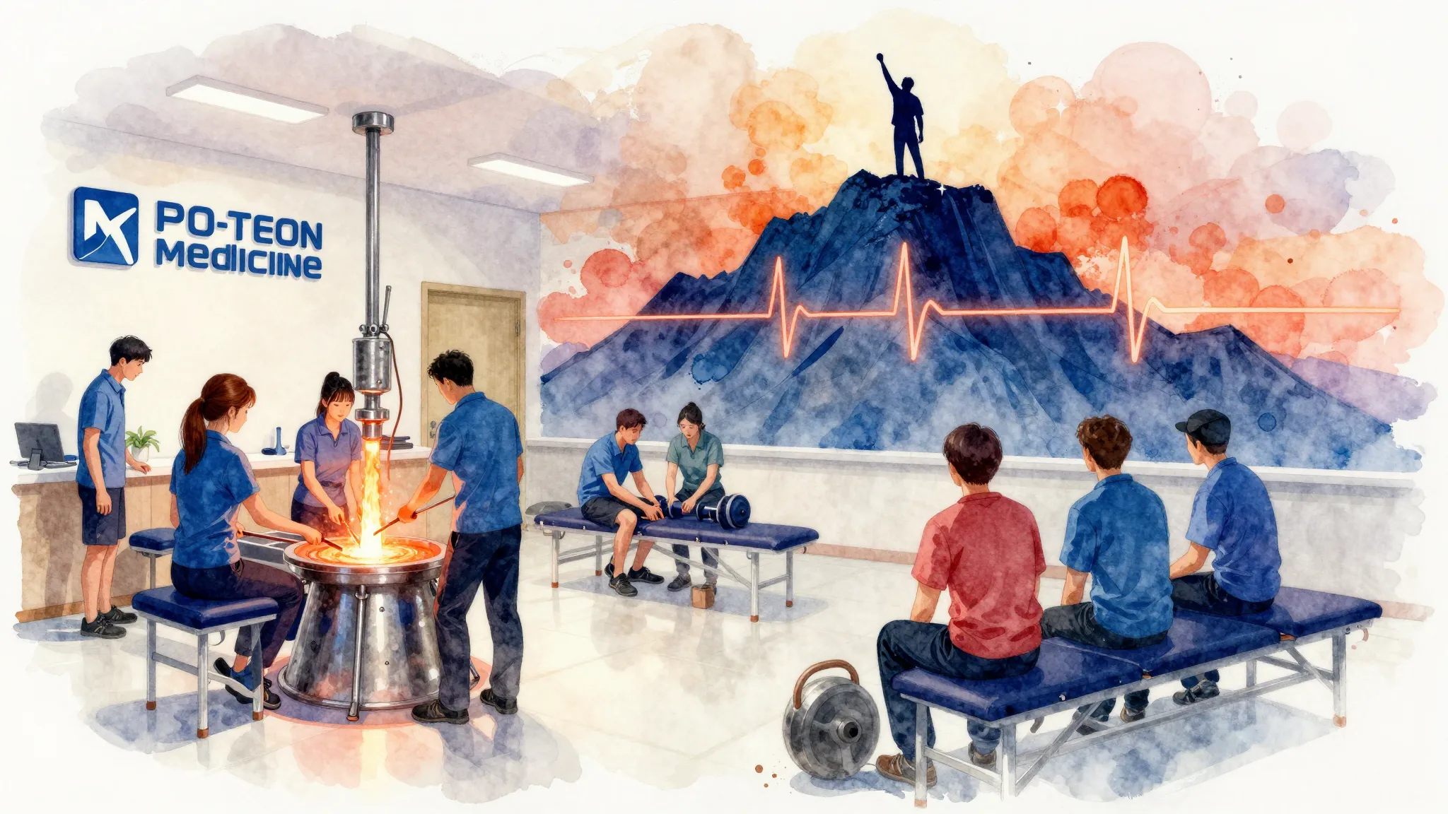 Vibrant watercolor style. Sports medicine center, strong tea...