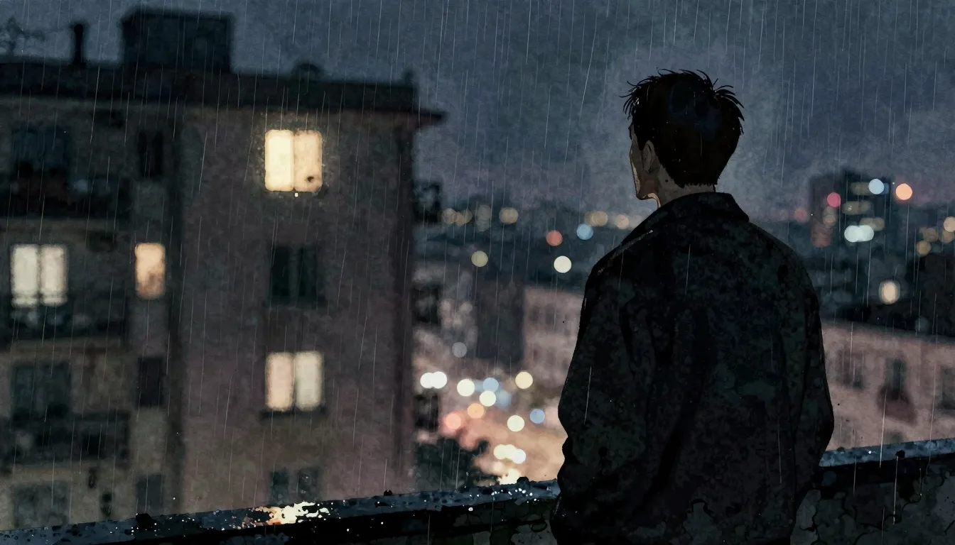 Watercolor style. A silhouette of a man stands in the rain a...