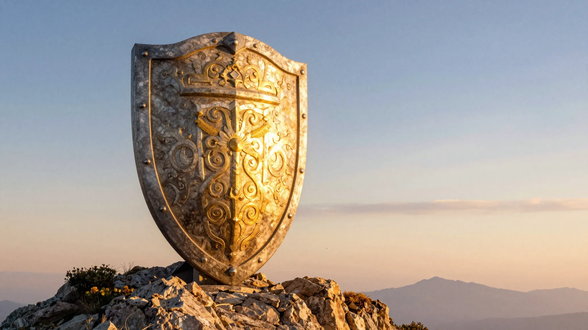 Watercolor style. A majestic shield with intricate patterns ...