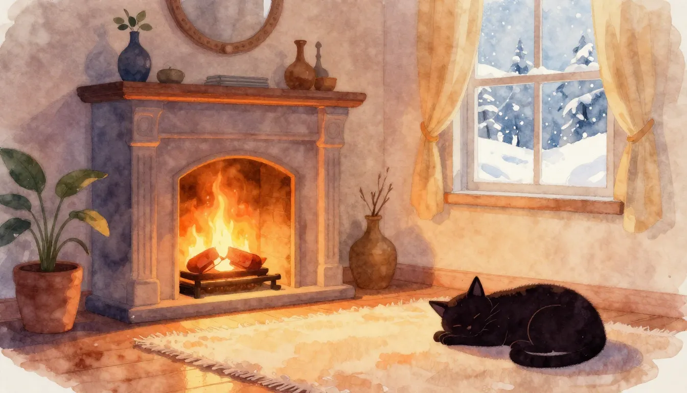 Watercolor style. Cozy living room with a fireplace, silhoue...