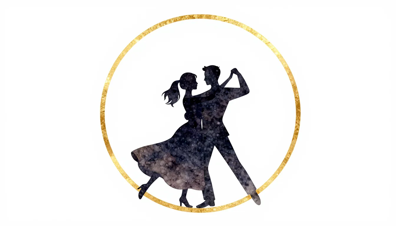 Watercolor style. Two dark silhouettes of a couple dancing i...