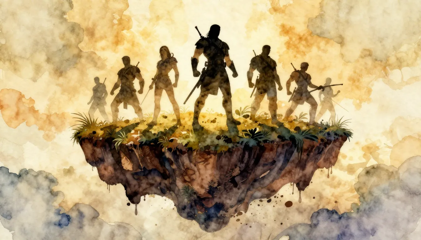 Watercolor style. 10x10 image. Silhouettes of powerful legen...