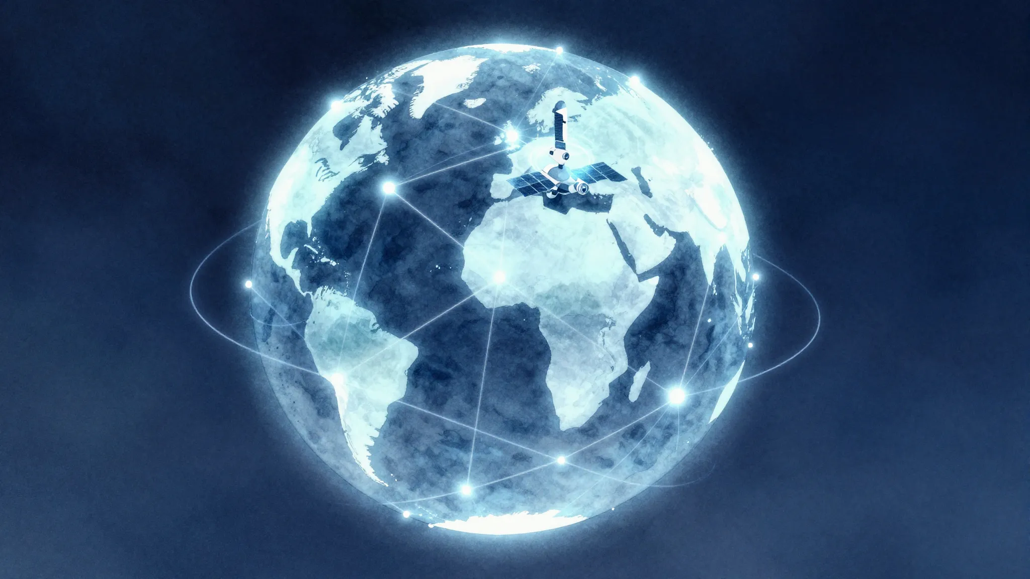 Watercolor style. A glowing digital globe with a network of ...