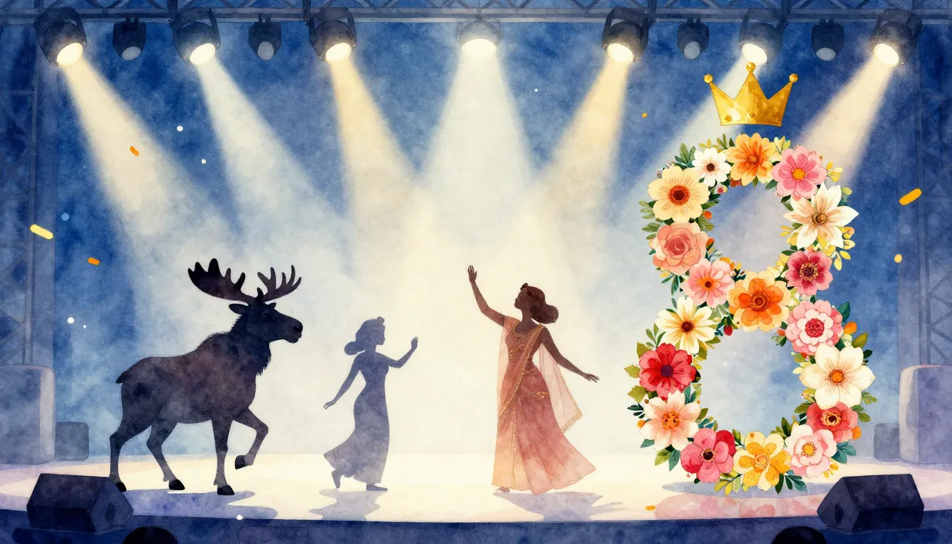 Watercolor style. A bright stage with spotlights, silhouette...