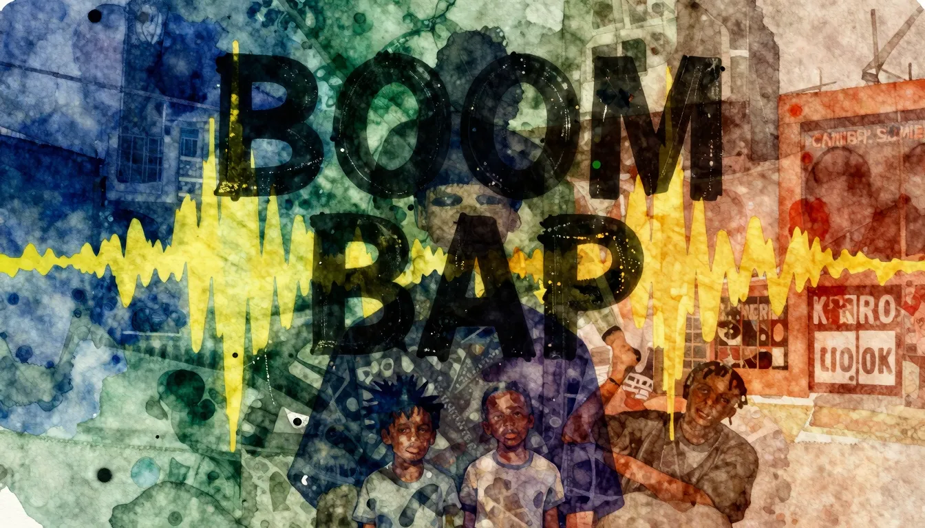 Vibrant watercolor style. Boom Bap rap album cover, abstract...