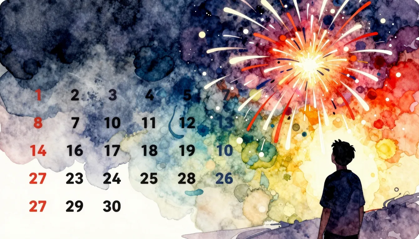 Watercolor style. A vibrant, abstract calendar page with the...