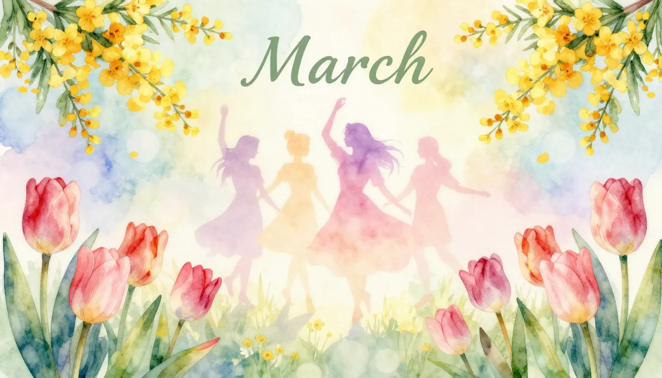 Watercolor style. Bright spring flowers, tulips and mimosas,...