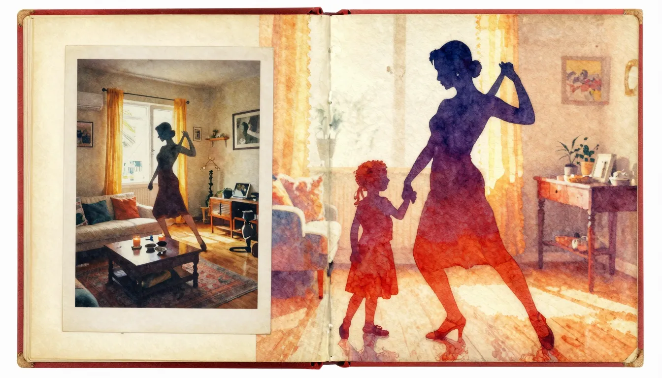 Vibrant watercolor style. Tango album cover, warm colors, si...
