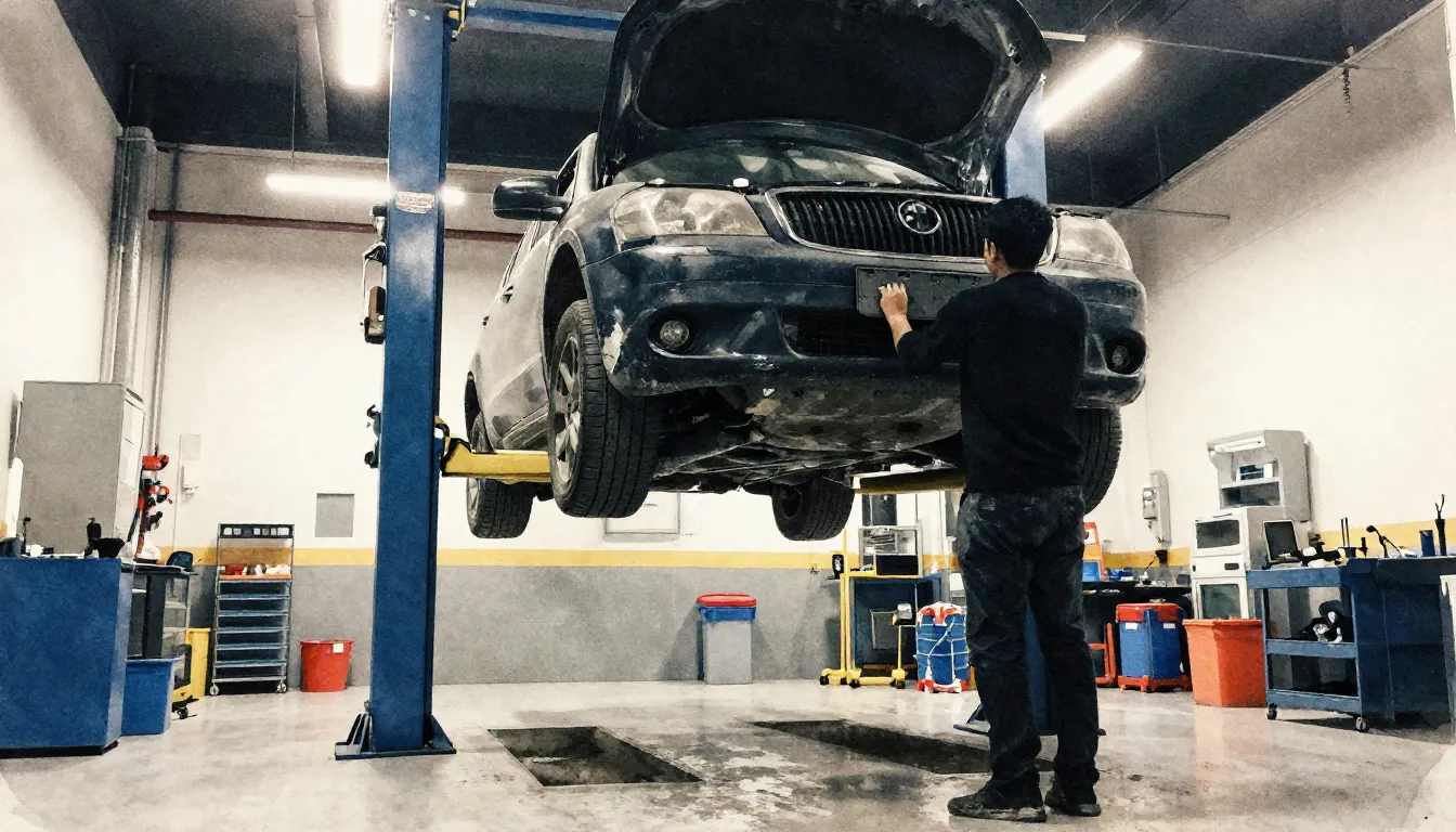Watercolor style. Silhouette of a person working under a car...