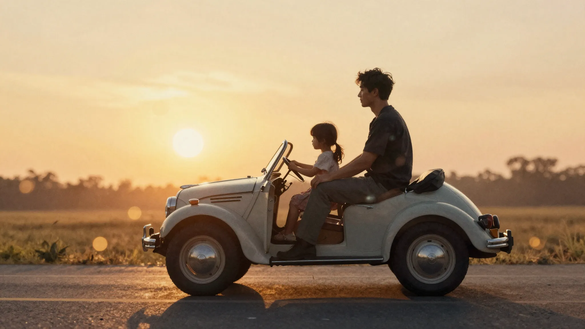 Watercolor style. A warm silhouette of a father and a little...