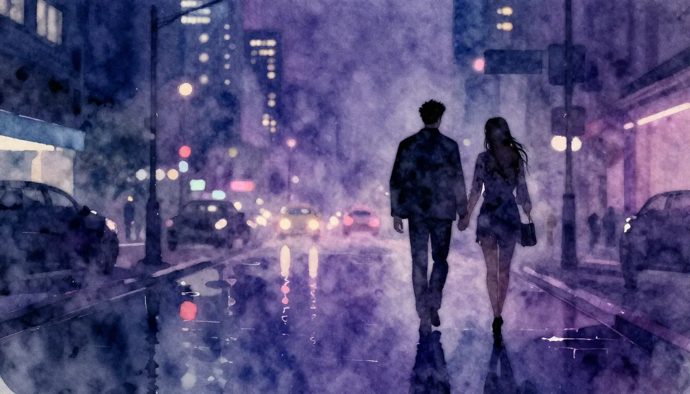 Watercolor style. Neon city lights reflecting in puddles, tw...