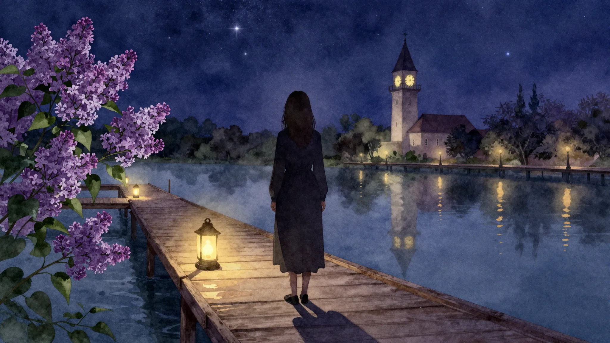 Watercolor style. A dark silhouette of a lonely woman on a w...