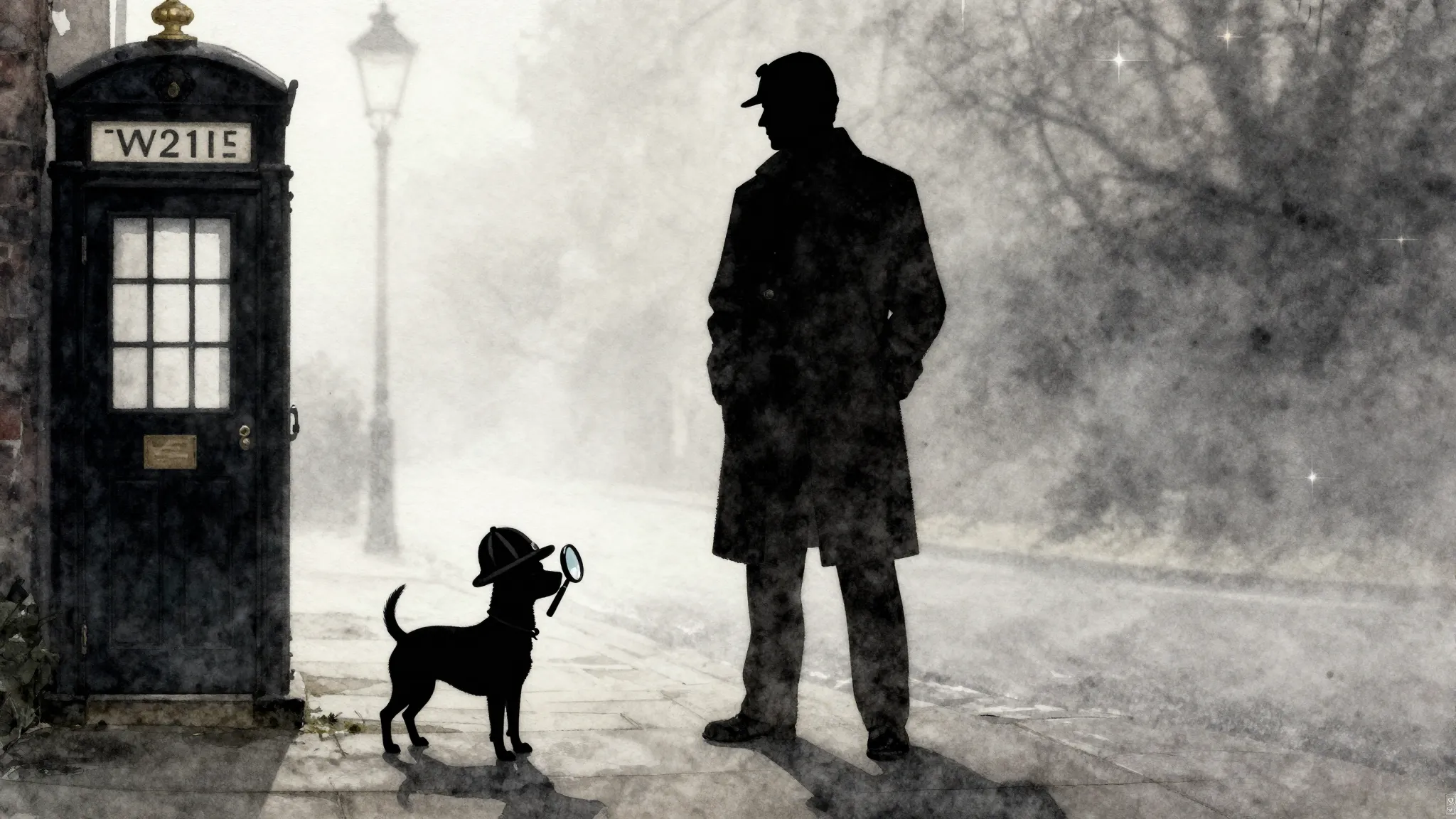 Watercolor style. Silhouette of a tiny dog with a detective ...